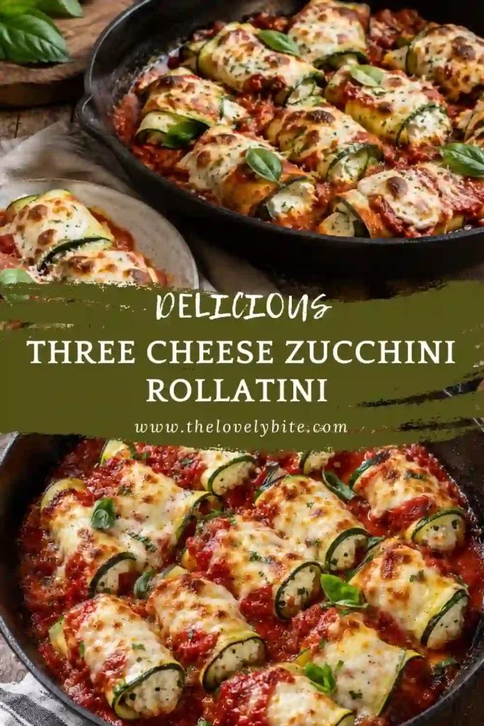 Italian-style zucchini involtini baked with ricotta, mozzarella, Parmigiano Reggiano, and tomato sauce. The finished zucchini rolls have a tender texture and golden cheesy topping.