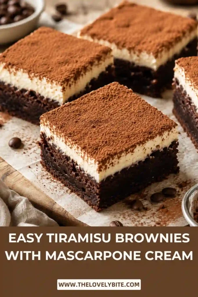 Homemade coffee brownies layered with fluffy espresso mascarpone cream and finished with sifted cocoa powder. Each brownie has a rich chocolate base and creamy tiramisu-inspired topping.