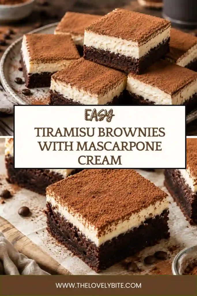 Tiramisu-inspired brownies cut into neat squares with a thick mascarpone cream topping and cocoa dusting. The chocolate brownie layer looks dense, moist, and fudgy beneath the creamy topping.