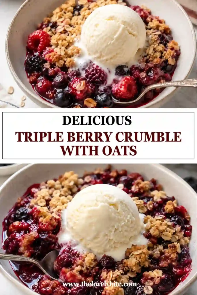 A golden Triple Berry Crumble baked in a ceramic casserole dish with bubbling mixed berries beneath a crisp oat topping. The dessert has a rustic homemade appearance with golden brown crumbs across the surface.