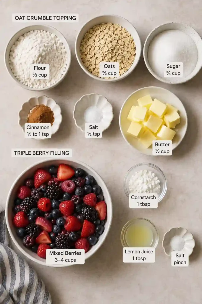 Homemade Triple Berry Crumble in a baking dish with a golden brown oat topping and colorful mixed berry filling. The rustic dessert is ready to serve warm from the oven.
