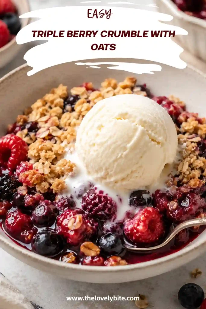 Triple Berry Crumble served warm with a generous scoop of vanilla ice cream melting over the golden oat topping. The berry filling looks soft, glossy, and bubbling around the crisp crumbs.