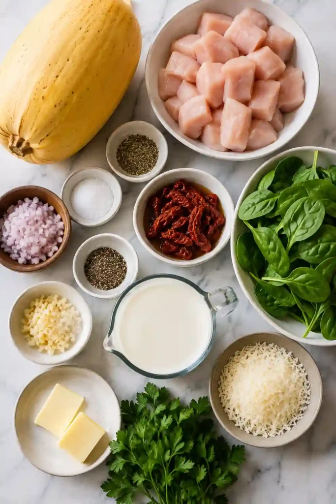 A skillet of Tuscan Chicken and Spaghetti Squash with tender chicken, creamy Parmesan sauce, spinach, and sun-dried tomatoes. Golden spaghetti squash strands are coated in the rich sauce.
