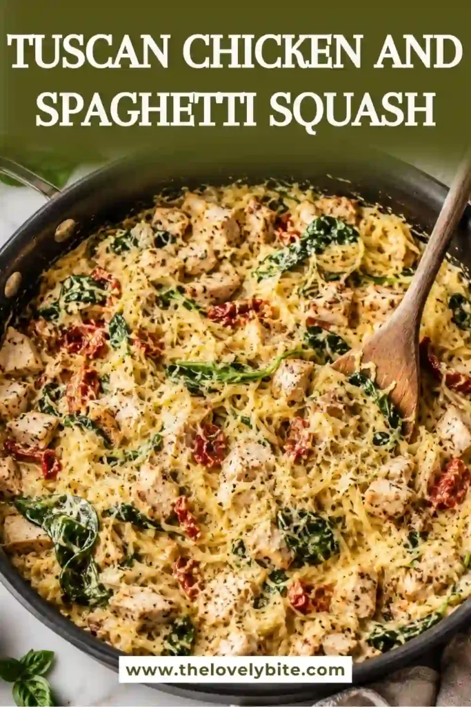 Chicken spaghetti squash with golden chicken pieces, wilted spinach, sun-dried tomatoes, and creamy Parmesan sauce. Fresh parsley adds a bright green garnish to the finished skillet dinner.