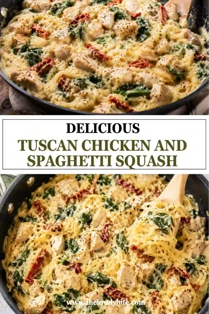 Creamy chicken and spaghetti squash served in a skillet with garlic, Parmesan, spinach, and sun-dried tomatoes. The golden squash strands are mixed throughout the creamy Tuscan sauce.