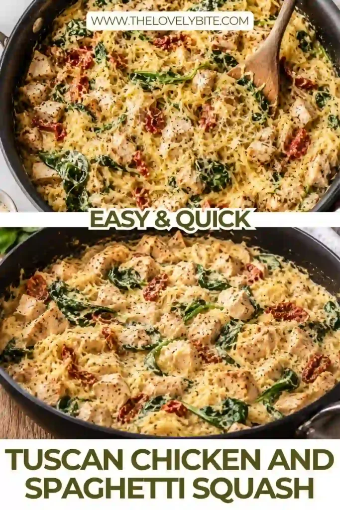 Creamy Tuscan chicken served with spaghetti squash, spinach, Parmesan, and sun-dried tomatoes. The tender squash strands are coated in a rich garlic cream sauce.