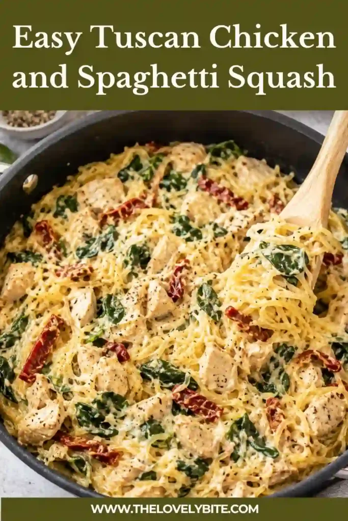 Tuscan Chicken and Spaghetti Squash topped with fresh parsley and surrounded by creamy sauce, spinach, and sun-dried tomatoes. The spaghetti squash creates tender vegetable-based strands beneath the chicken.