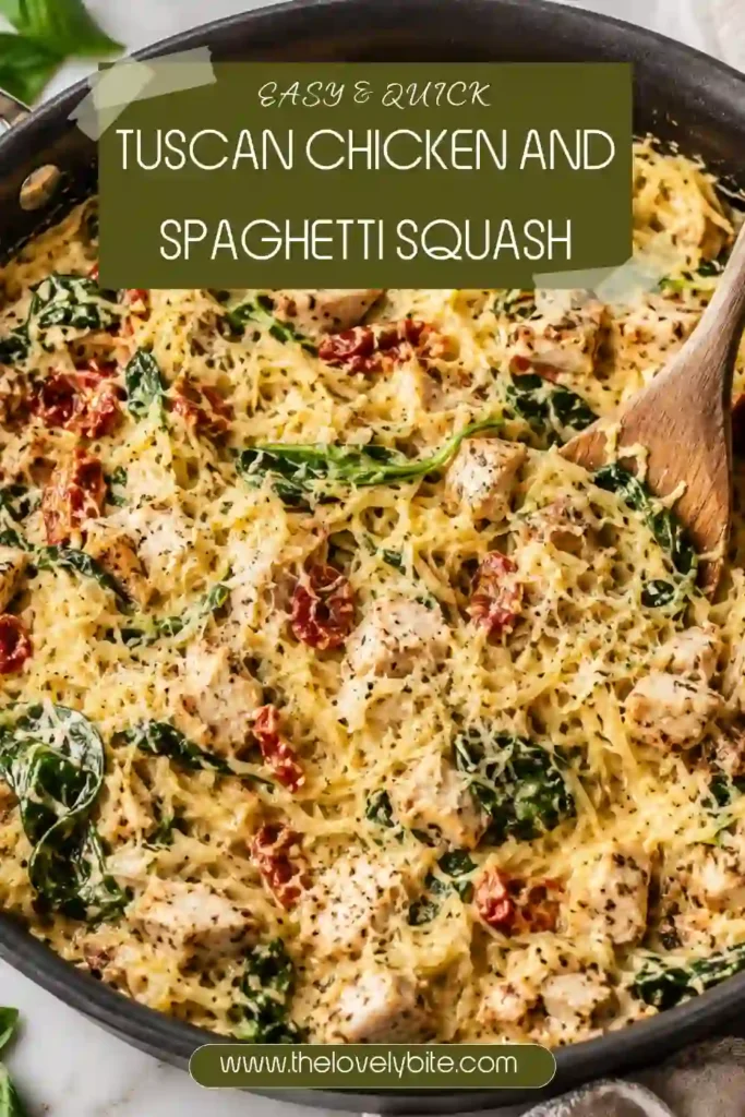 Tuscan Chicken and Spaghetti Squash with tender chicken pieces, baby spinach, and sun-dried tomatoes in creamy garlic Parmesan sauce. Spaghetti squash strands replace traditional pasta for a colorful dinner.
