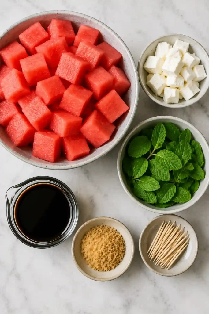 Refreshing watermelon and feta appetizer skewers with fresh mint leaves and a sweet balsamic reduction. Each toothpick holds a juicy watermelon cube topped with creamy feta.