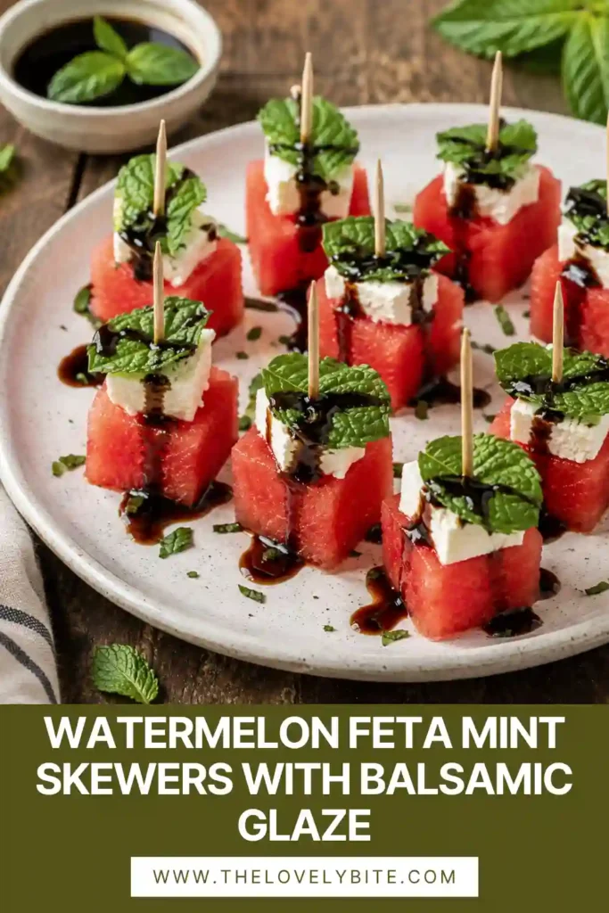 Fresh watermelon feta skewers arranged on a serving platter with mint and balsamic glaze. Each appetizer bite combines sweet watermelon with salty feta and fragrant herbs.