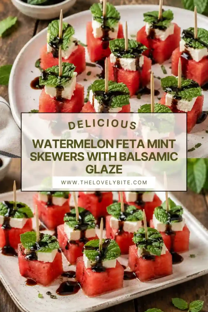 Watermelon Feta Mint Skewers topped with fresh mint leaves and glossy balsamic glaze. Juicy watermelon cubes and creamy feta create a colorful summer appetizer.