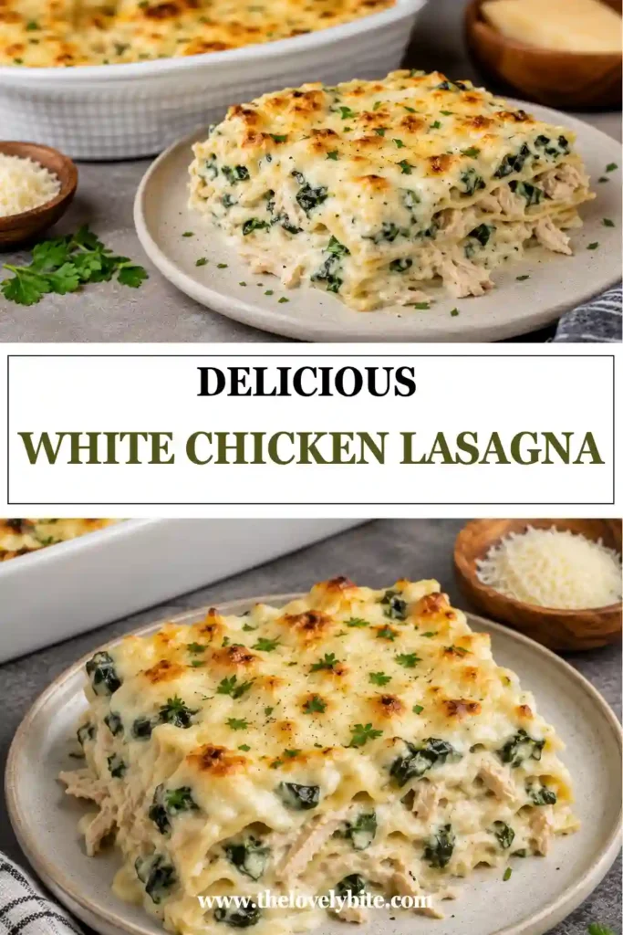 A slice of white chicken lasagna showing creamy layers of chicken, ricotta, spinach sauce, and mozzarella cheese. The lasagna has a golden cheesy top and tender pasta layers.