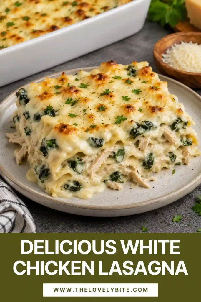 Homemade white chicken lasagna served warm with creamy spinach sauce, shredded chicken, ricotta, Parmesan, and mozzarella. The golden cheese topping contrasts beautifully with the creamy white layers.