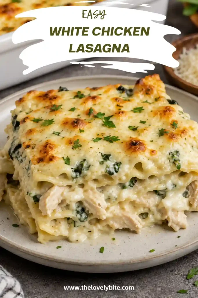 Creamy white chicken lasagna in a deep baking dish topped with golden melted mozzarella and fresh parsley. Layers of chicken, ricotta, spinach, and white sauce create a hearty baked pasta dish.