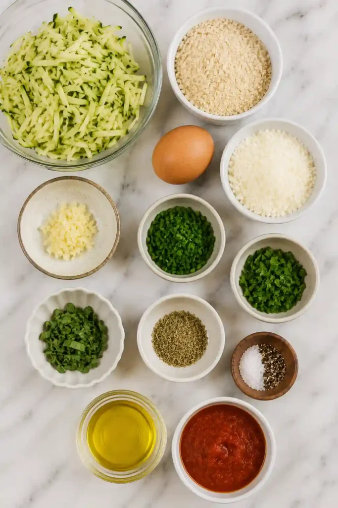 Parmesan zucchini bites made with shredded zucchini, garlic, breadcrumbs, egg, and Italian herbs. The small baked appetizers are golden brown and served with tomato marinara sauce.