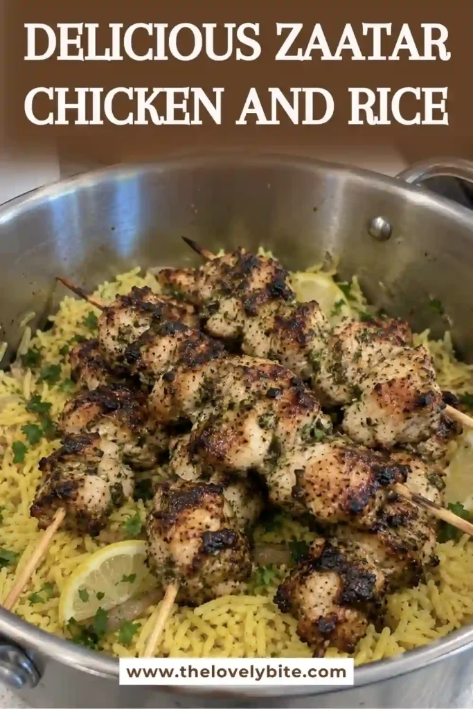 A plate of zaatar chicken and rice featuring tender air-fried chicken pieces, fragrant basmati rice, and creamy garlic yogurt. Fresh parsley and herbs add color to this Middle Eastern-inspired chicken rice pilaf.