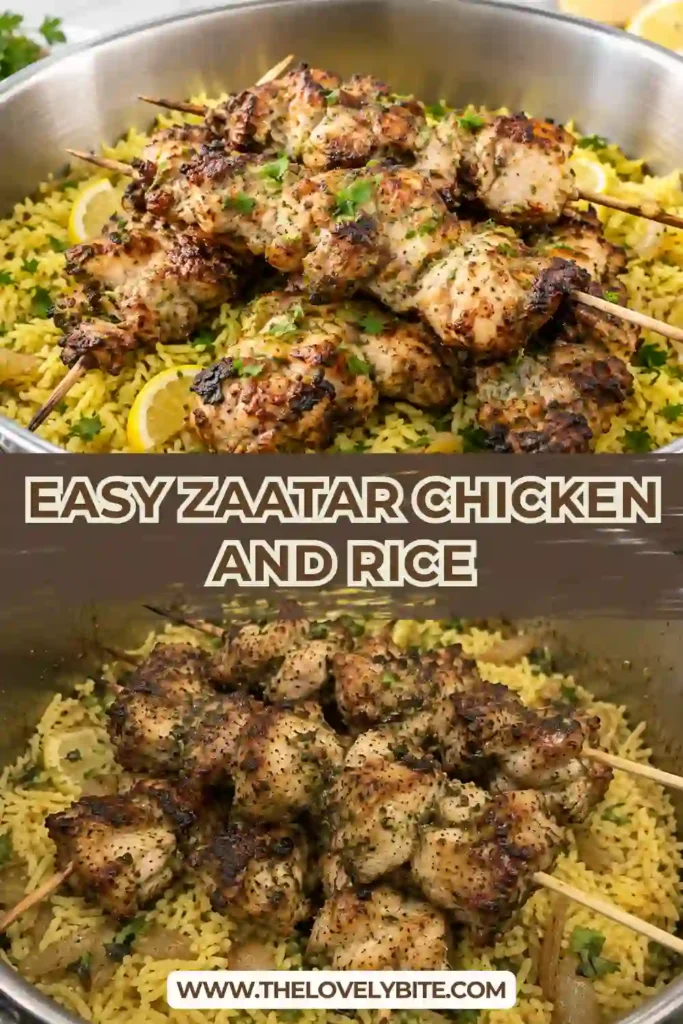Middle Eastern chicken skewers served with turmeric basmati rice and garlic yogurt sauce. The zaatar chicken has a golden charred exterior and is garnished with fresh herbs.