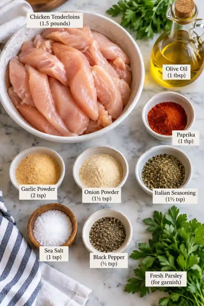 Golden air fryer chicken tenders without breading arranged on a white plate with fresh parsley and creamy ranch dressing. The seasoned chicken has a lightly crisp exterior and a juicy, tender center.