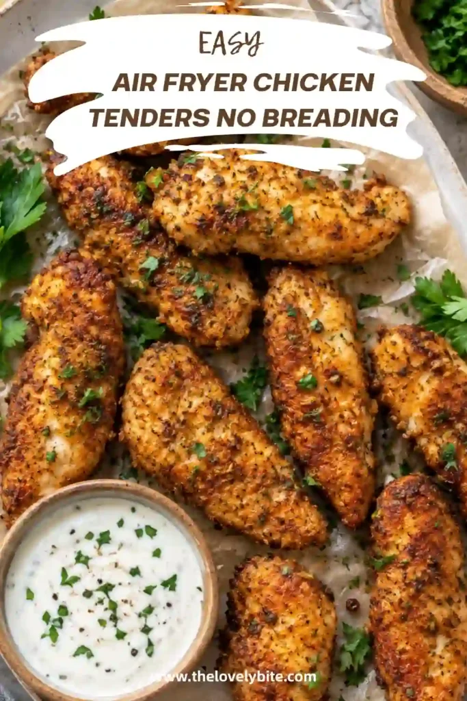 Close-up of crispy air fryer chicken tenders showing a golden, herb-seasoned exterior and tender white chicken inside. The chicken strips are cooked without flour or breadcrumbs.
