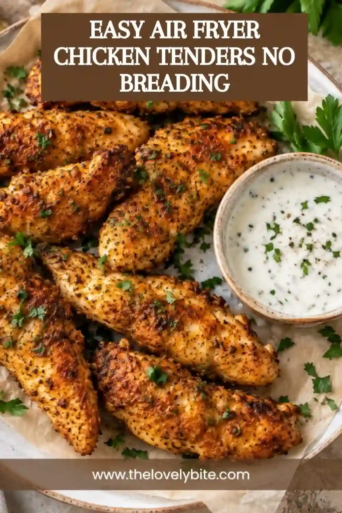Healthy air fryer chicken tenders served with roasted vegetables, lemon wedges, and a creamy dipping sauce. The golden chicken strips are seasoned with herbs and spices and prepared without breadcrumbs.