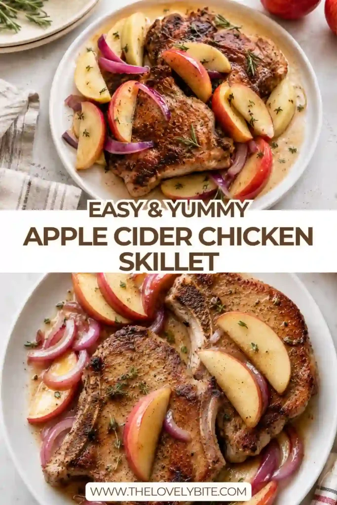 A skillet filled with seasoned chicken thighs, tender apples, red onion, and apple cider sauce. The dish highlights the comforting flavors of an easy apple cider chicken dinner.