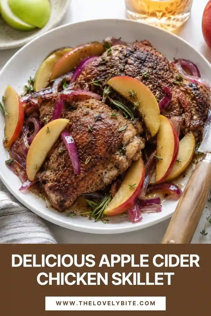 Close-up of juicy chicken thighs with caramelized apples and onions in a glossy skillet sauce. This one-pan chicken dish combines apple cider, Dijon mustard, and fragrant herbs.