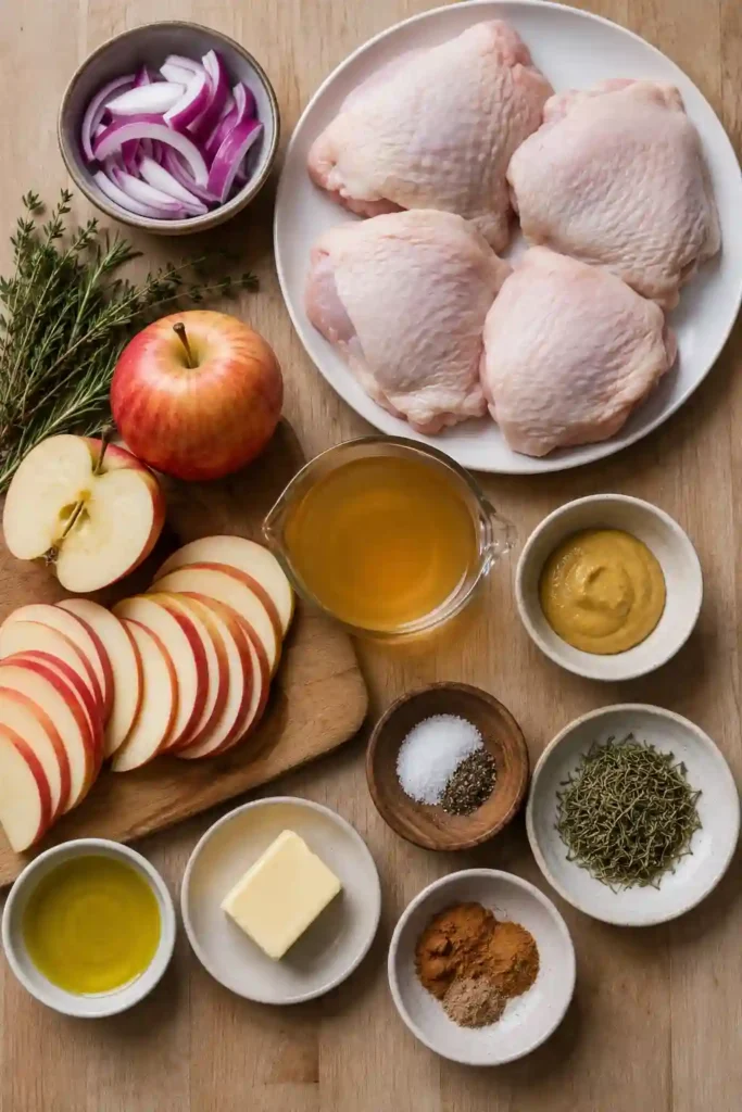 Golden-brown chicken thighs served with sliced apples, red onion, and a glossy apple cider Dijon sauce in a skillet. This Apple Cider Chicken Skillet showcases tender chicken and warm fall flavors.