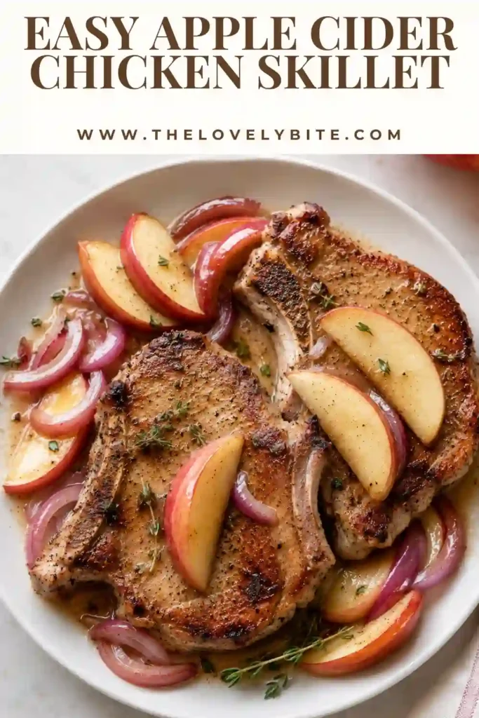 Apple Cider Chicken Skillet featuring browned chicken thighs, sliced apples, red onion, and fresh rosemary and thyme. The simple skillet meal has a savory-sweet apple cider sauce.