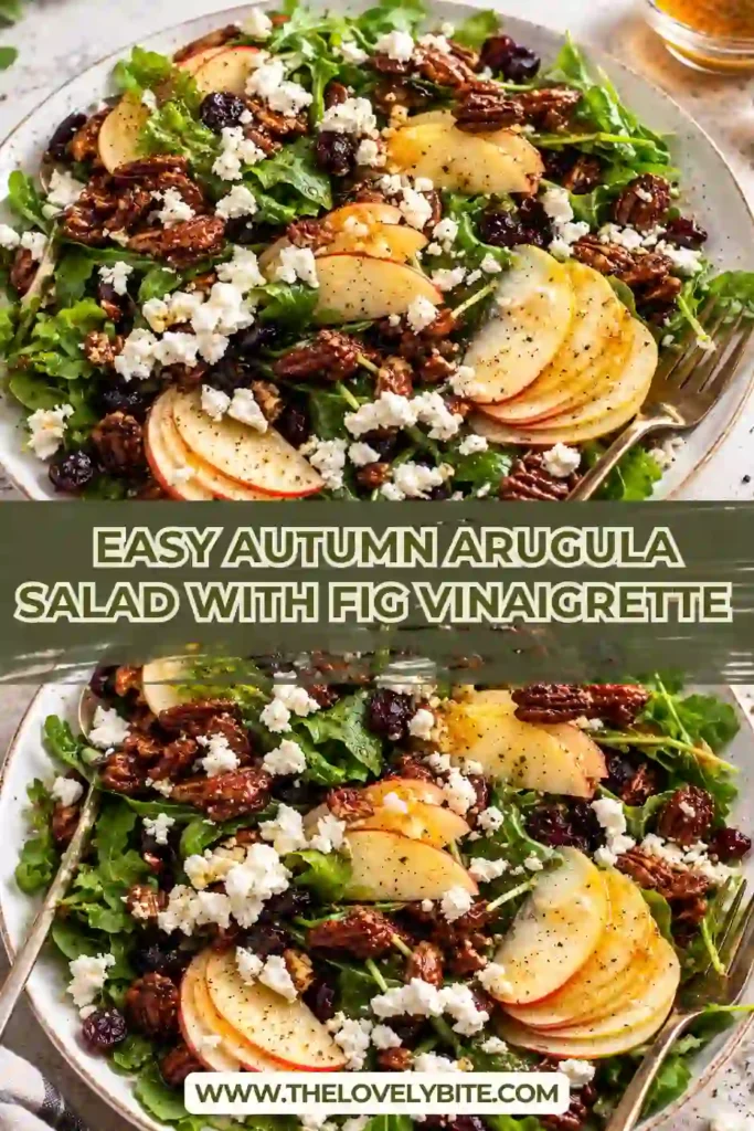 Autumn Arugula Salad topped with thinly sliced Honeycrisp apple, goat cheese, dried cherries, and spiced pecans. Homemade fig vinaigrette adds a glossy sweet and tangy finish.