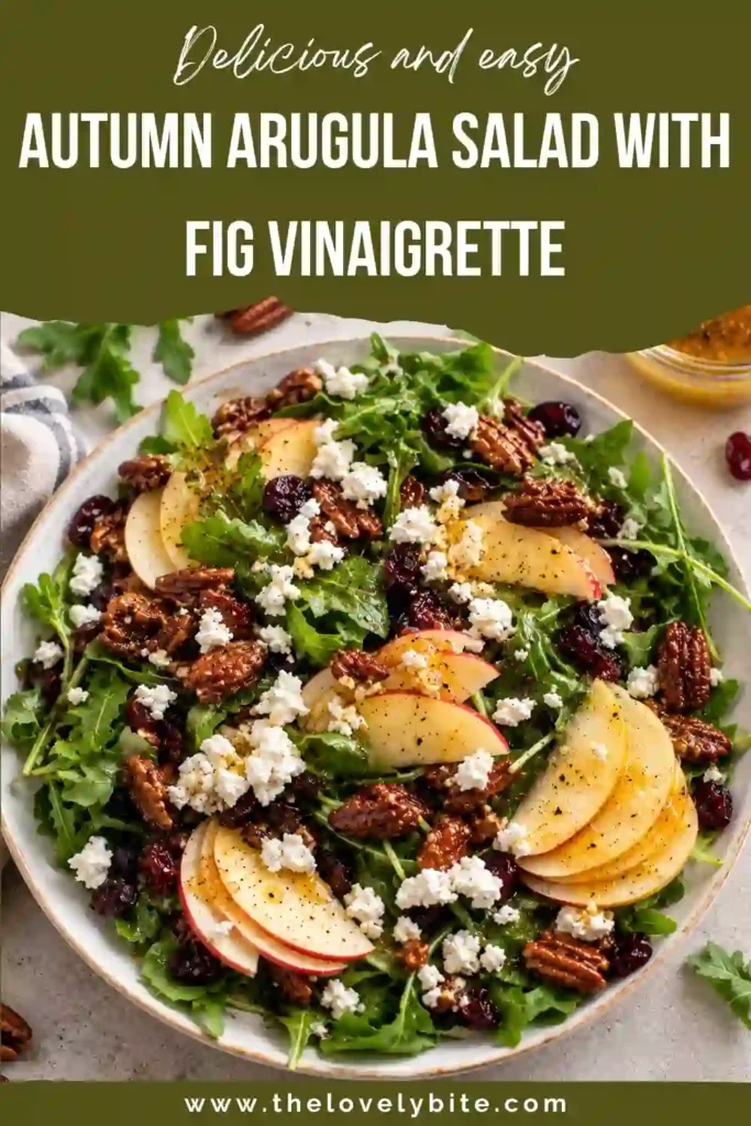 Apple arugula salad made with peppery greens, Honeycrisp apple, dried tart cherries, goat cheese, and crunchy pecans. A sweet fig vinaigrette brings the autumn flavors together.