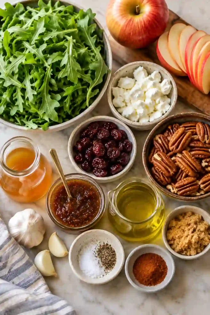 Arugula goat cheese salad with fresh apple, dried cranberries, spiced pecans, and homemade fig dressing. This colorful autumn salad combines creamy, crunchy, sweet, and tangy flavors.