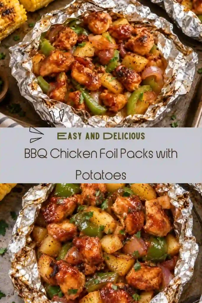 Close-up of tender BBQ chicken and potatoes coated in a rich, smoky barbecue sauce. Juicy chicken pieces and soft golden potatoes create a hearty, flavorful foil packet dinner.