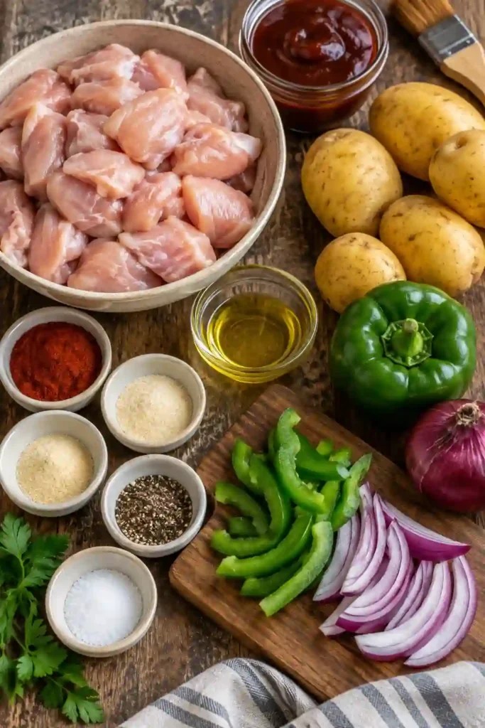 BBQ chicken foil packets filled with juicy barbecue chicken thighs, golden Yukon Gold potatoes, sliced green bell peppers, and red onions. The tender ingredients are coated in smoky BBQ sauce and served in an open aluminum foil packet.