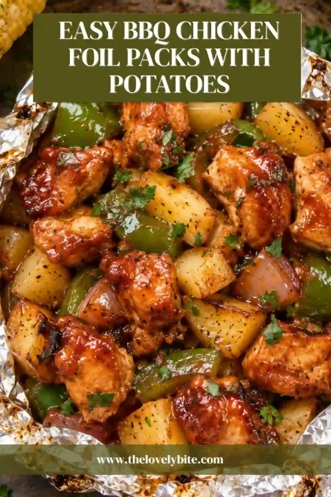 Aluminum foil packets cooking on an outdoor grill, filled with seasoned chicken, potatoes, bell peppers, and red onions. These grilled chicken foil packets are an easy way to prepare a complete barbecue dinner.