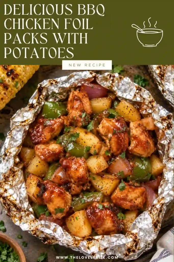 A serving of grilled BBQ chicken and vegetables with tender potatoes, sliced peppers, and red onions in an open foil packet. The chicken is coated in barbecue sauce for a colorful, family-friendly dinner.