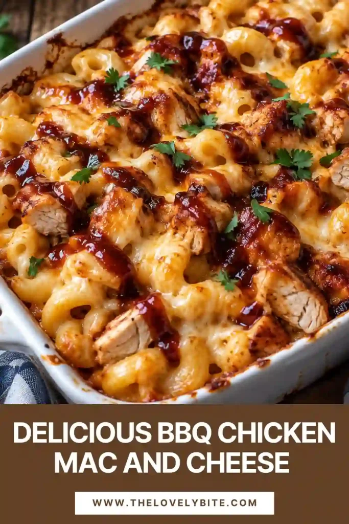 Close-up of creamy BBQ Chicken Mac and Cheese with elbow macaroni covered in melted cheddar and mozzarella. Tender pieces of shredded chicken are mixed throughout the cheesy pasta with a glossy coating of smoky BBQ sauce.
