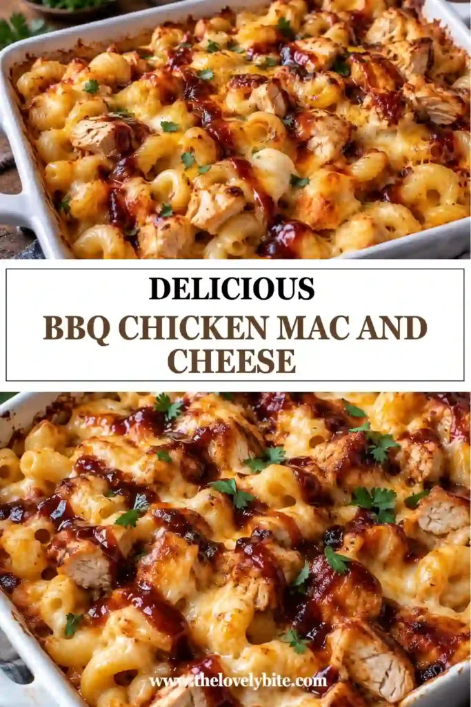 A large skillet filled with BBQ Chicken Mac and Cheese as shredded barbecue chicken is folded into creamy cheddar and mozzarella macaroni. The cheesy stovetop pasta is evenly coated in a rich sauce and ready to serve.