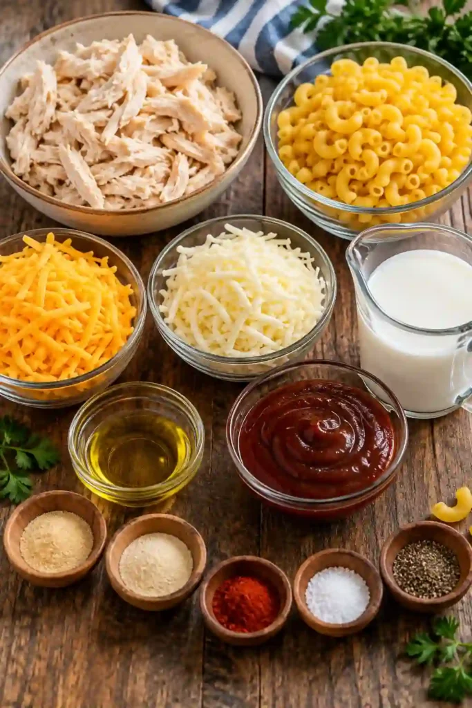 A bowl of BBQ Chicken Mac and Cheese filled with tender shredded chicken, elbow macaroni, and creamy melted cheddar and mozzarella. Smoky barbecue sauce coats the cheesy pasta, creating a rich and comforting homemade dinner.
