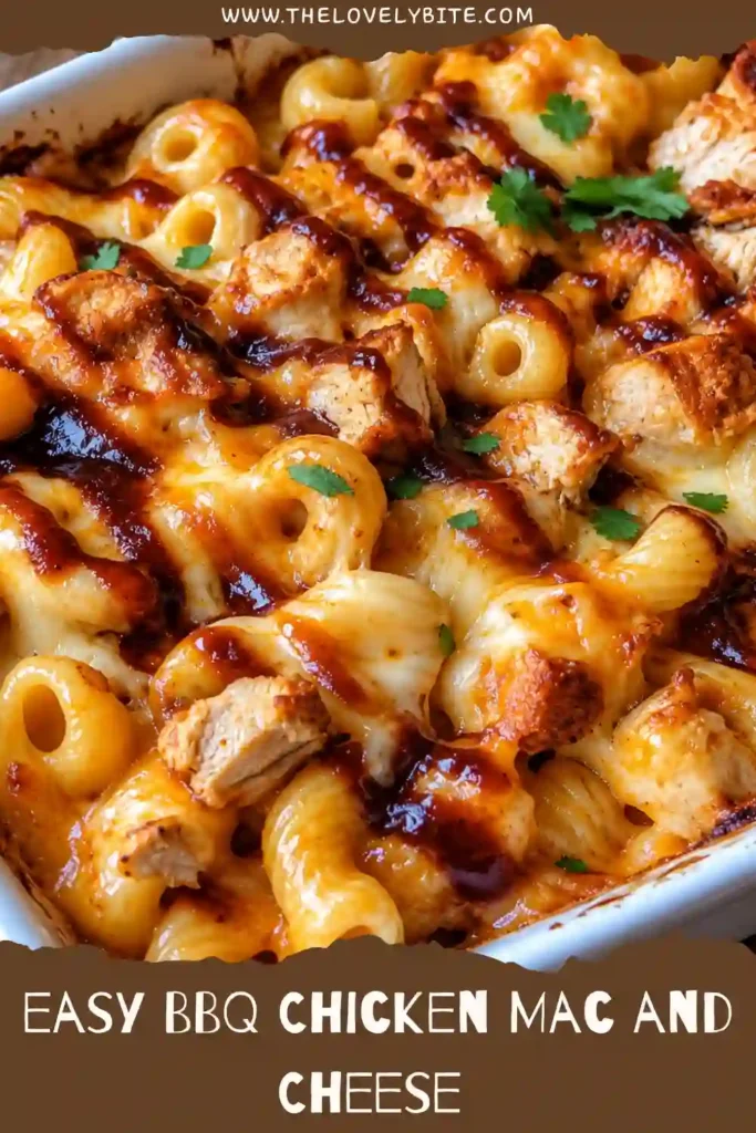 A family-style serving dish filled with creamy BBQ Chicken Mac and Cheese, featuring tender shredded chicken and elbow macaroni in a rich cheese sauce. The cheesy barbecue chicken pasta is served hot with a drizzle of smoky BBQ sauce on top.