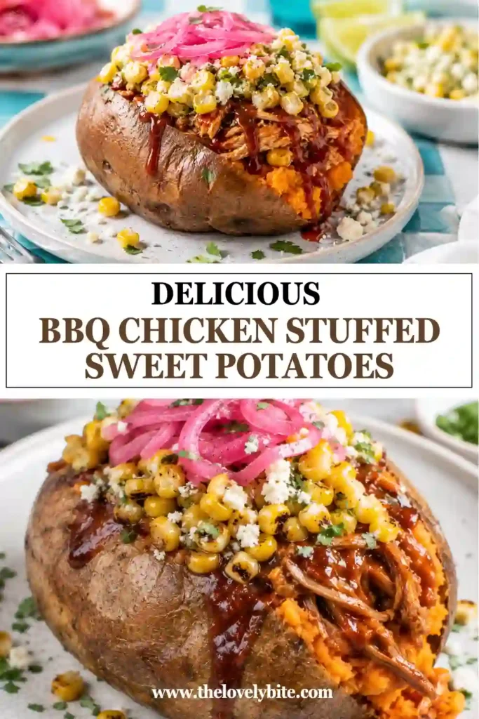 Stuffed sweet potatoes filled with flavorful shredded BBQ chicken and finished with fresh toppings. This easy chicken dinner features tender sweet potatoes and a glossy barbecue sauce coating.