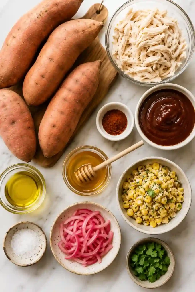 BBQ Chicken Stuffed Sweet Potatoes served with tender shredded chicken coated in barbecue sauce. The baked sweet potatoes have fluffy centers and are topped with fresh cilantro and pickled red onions.