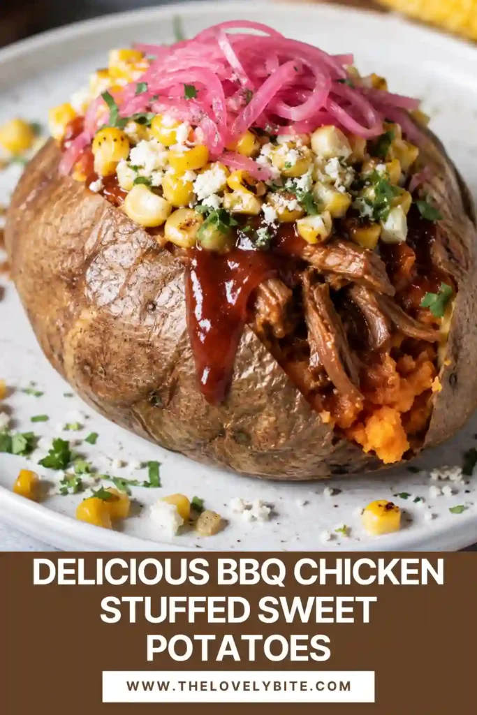 Easy BBQ chicken recipe served inside baked sweet potatoes with cilantro and pickled red onions. The stuffed sweet potatoes have tender centers and flavorful, smoky chicken.