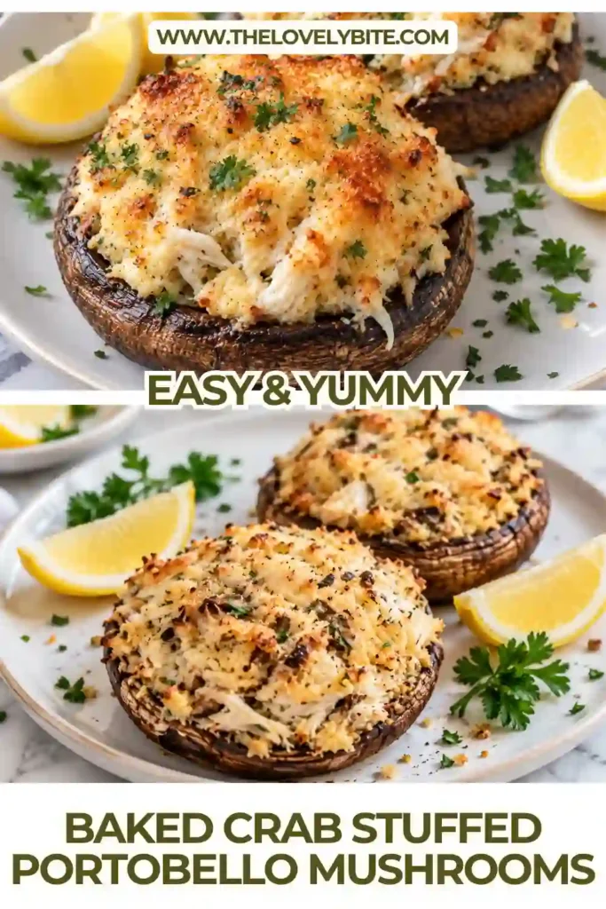 Close-up of cheesy crab stuffed mushrooms with tender lump crabmeat and golden melted cheese. The savory seafood filling is nestled inside a baked portobello mushroom cap.
