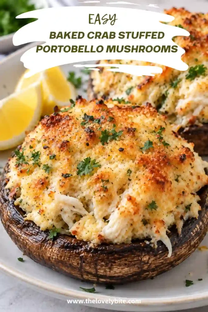 Unbaked crab stuffed portobello mushrooms arranged on a baking sheet with generous portions of crab filling. Each mushroom cap contains lump crabmeat, breadcrumbs, onion, garlic, and herbs.