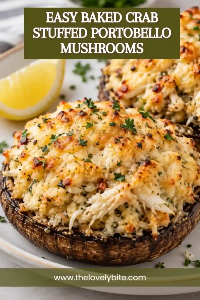 Baked stuffed portobello mushrooms served on a dinner plate with fresh lemon wedges and a green salad. The crab-filled mushrooms feature tender caps, golden cheese, and a savory seafood filling.