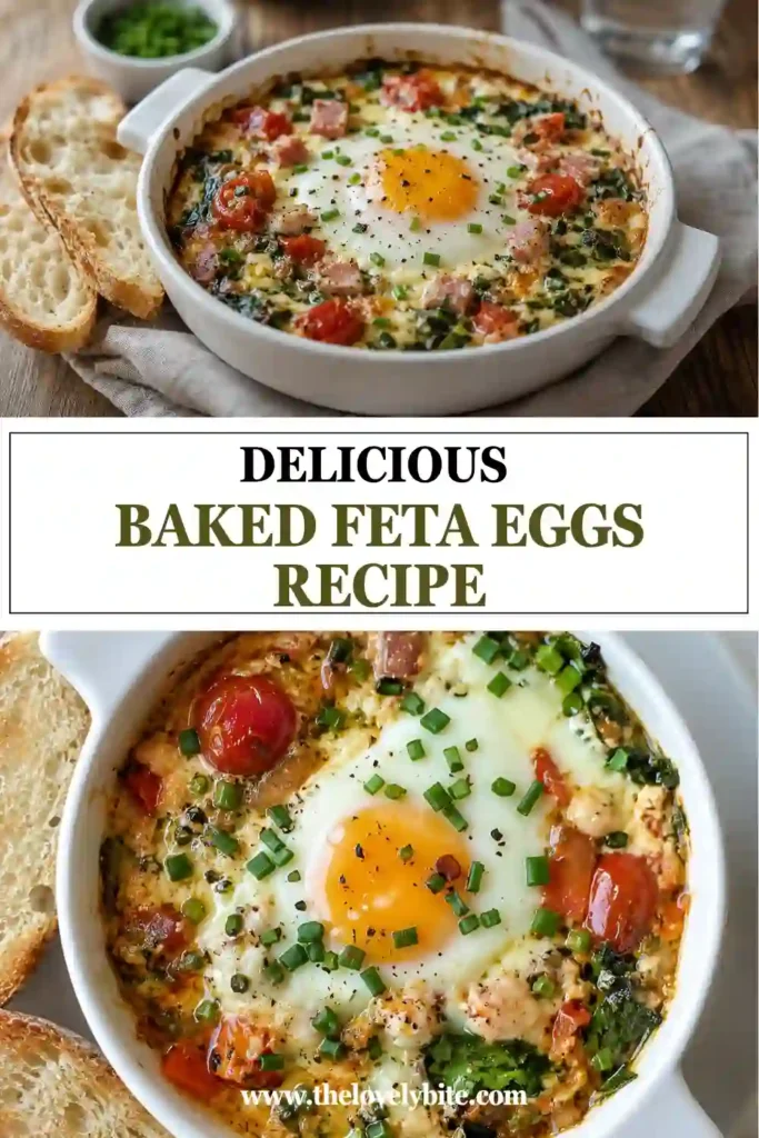 Baked feta eggs with cherry tomatoes, red bell pepper, spinach, and perfectly baked eggs in an oven-safe dish. Creamy feta and roasted vegetables create a colorful Mediterranean breakfast.