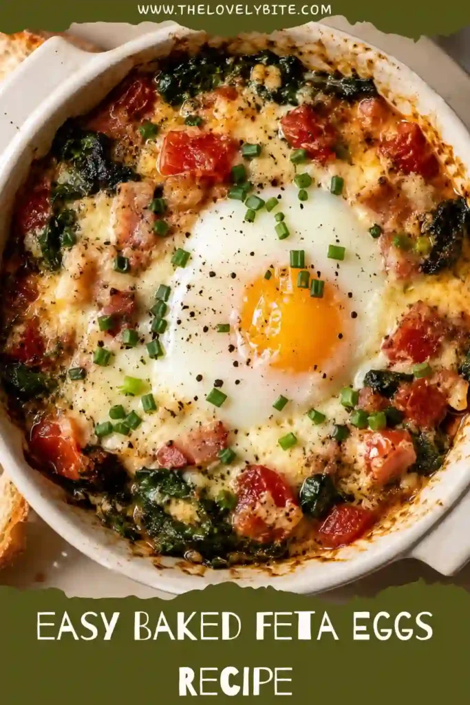 A feta egg bake featuring baked eggs, roasted cherry tomatoes, red onion, spinach, and creamy feta cheese. The colorful vegetables and golden yolks make this an inviting easy breakfast recipe.