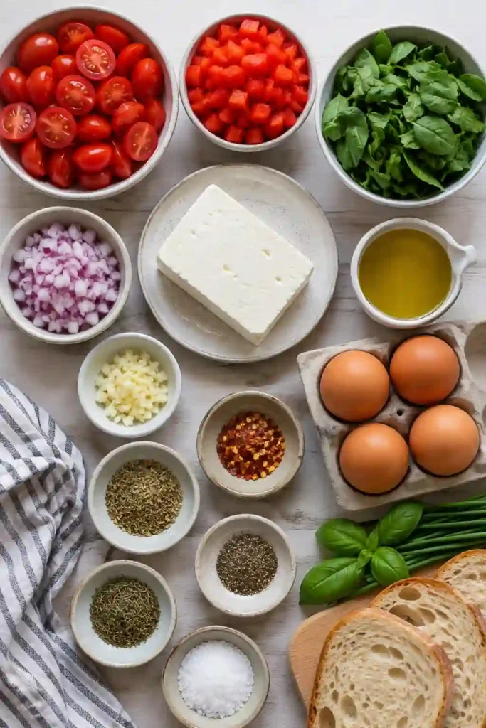 Baked eggs with feta served with roasted tomatoes, peppers, spinach, and fresh herbs. This colorful breakfast dish has creamy feta, tender vegetables, and rich golden egg yolks.