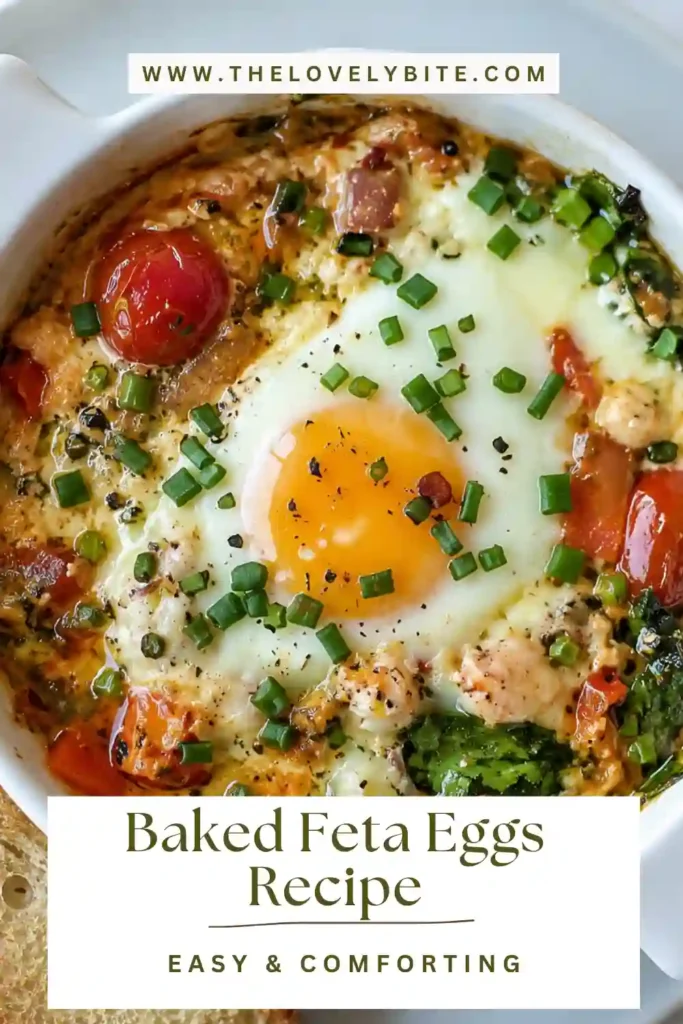 Mediterranean baked eggs with feta, tomatoes, bell peppers, spinach, and herbs served warm in a baking dish. The eggs have golden yolks surrounded by creamy feta and roasted vegetables.