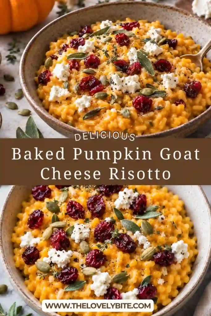 Baked Pumpkin Goat Cheese Risotto served in a bowl with creamy pumpkin rice, crumbled goat cheese, dried cranberries, and pepitas. Fresh sage adds color to this cozy oven baked risotto.
